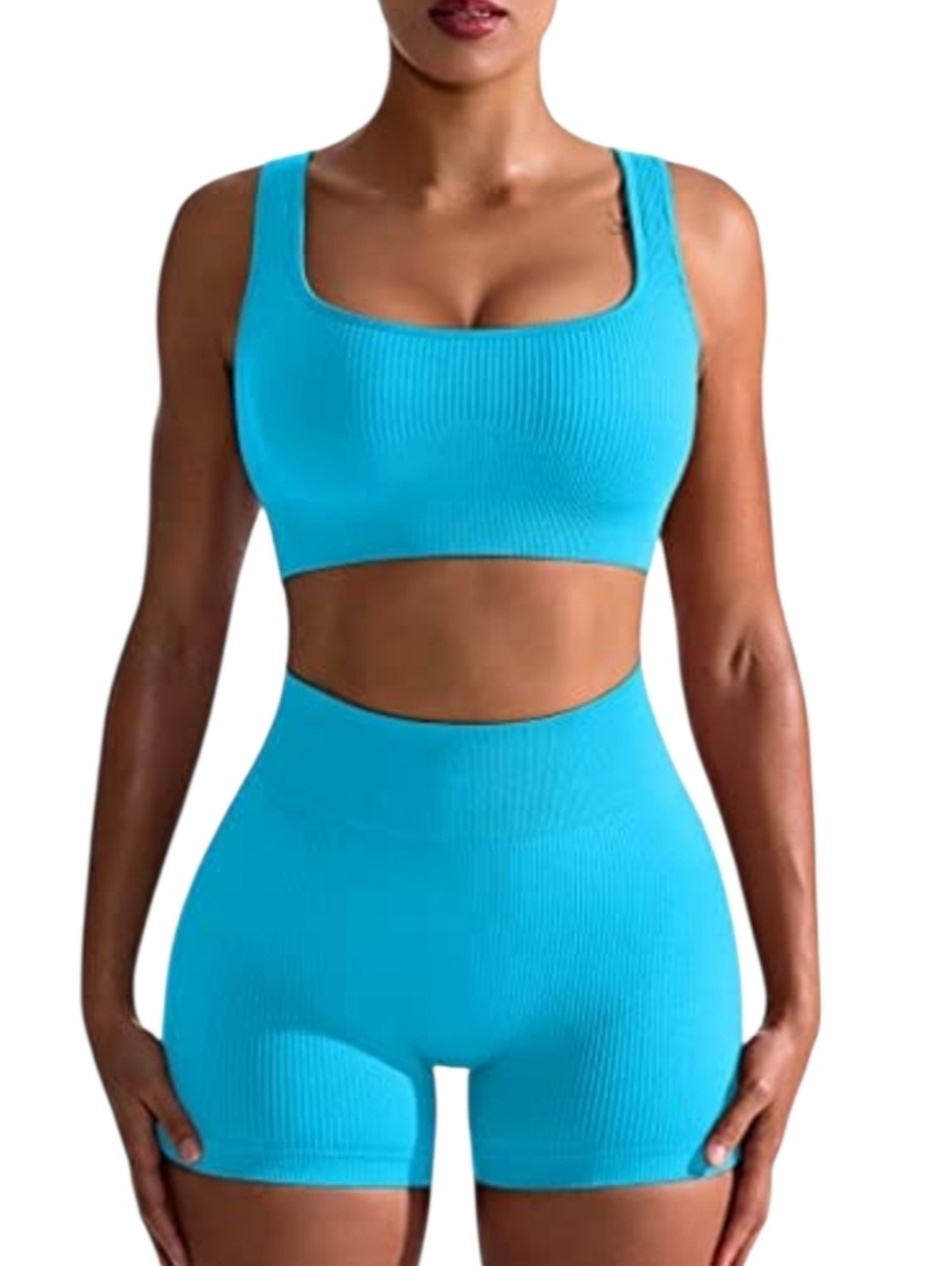 2-Piece Seamless Ribbed High-Waist Shorts with Sports Bra